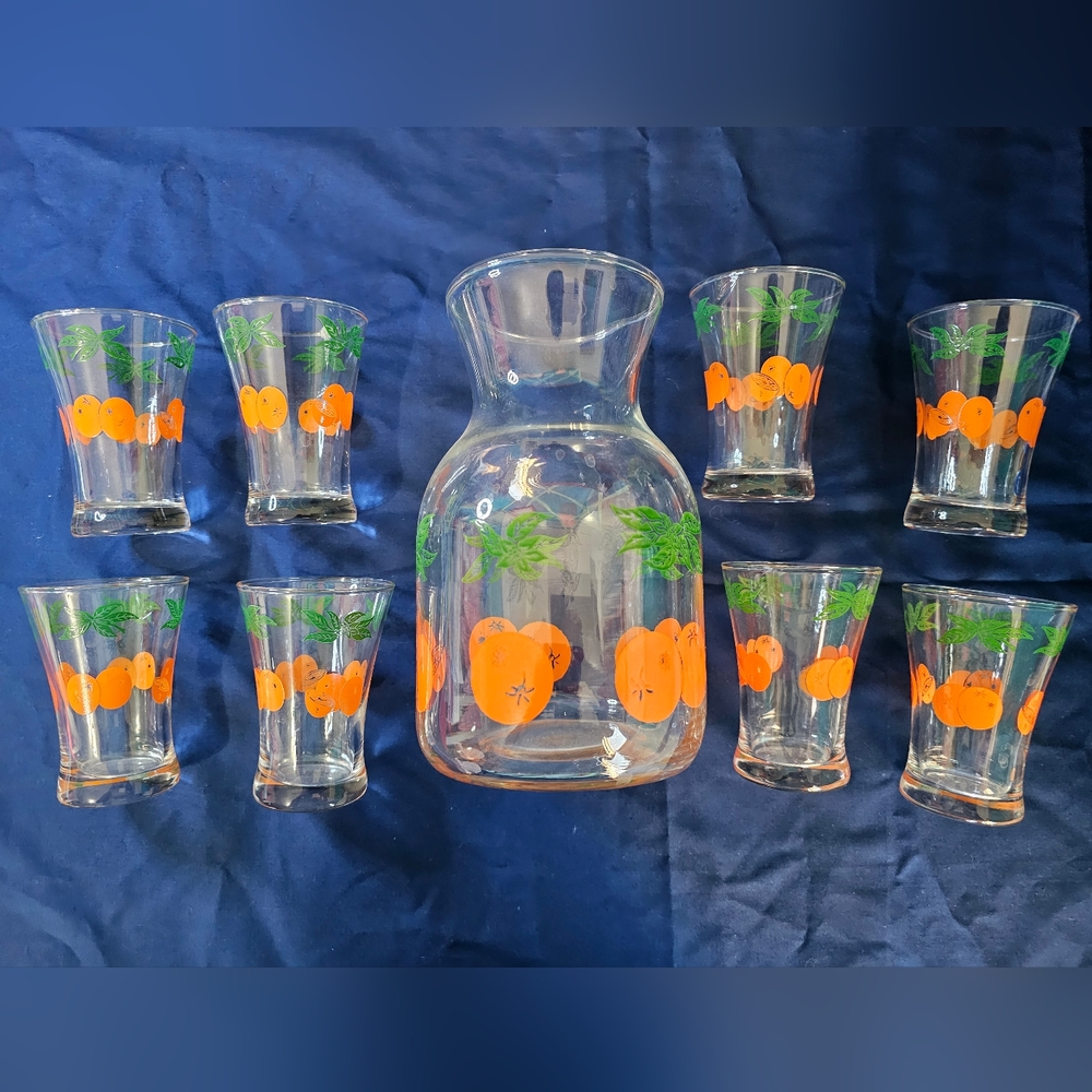 Vintage Mid-Century Anchor Hocking Orange 8 Juice Glasses and Carafe